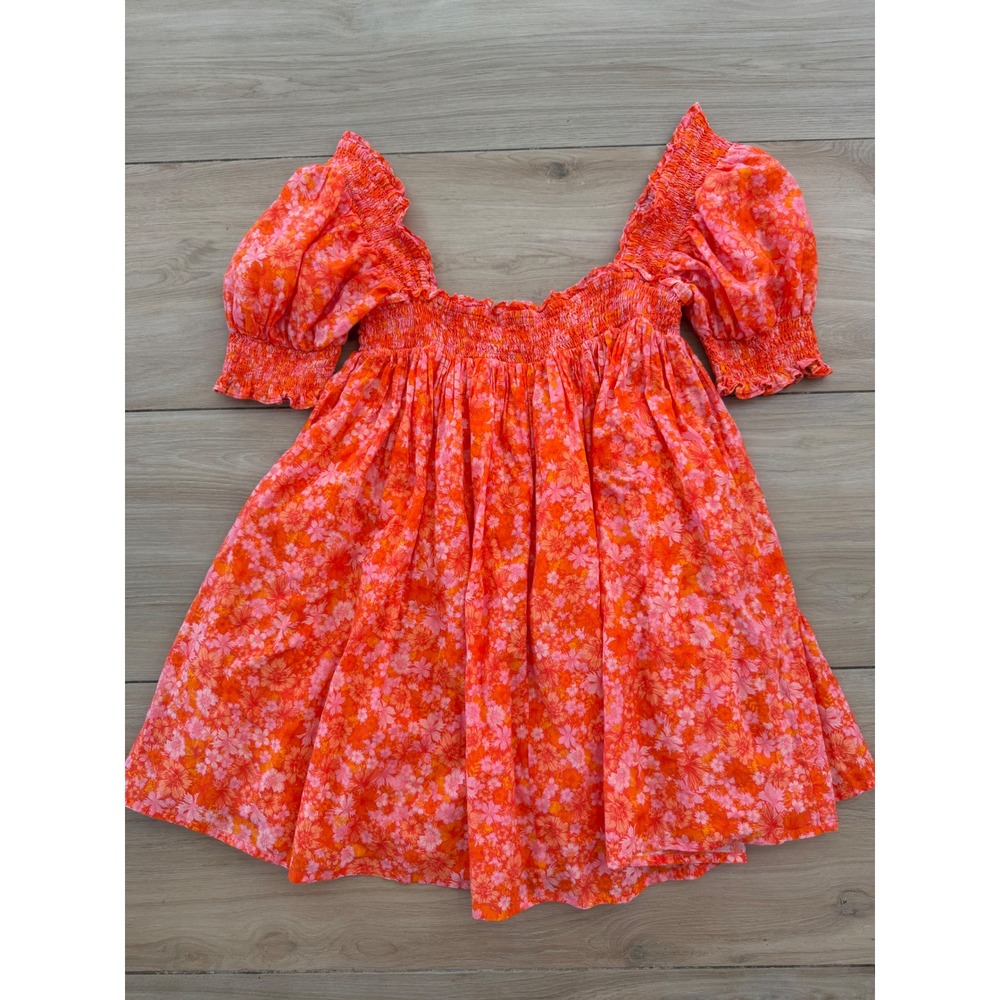 Lovers and Friends Orange Pink Floral Smocked Puff Sleeve Mini Dress Medium